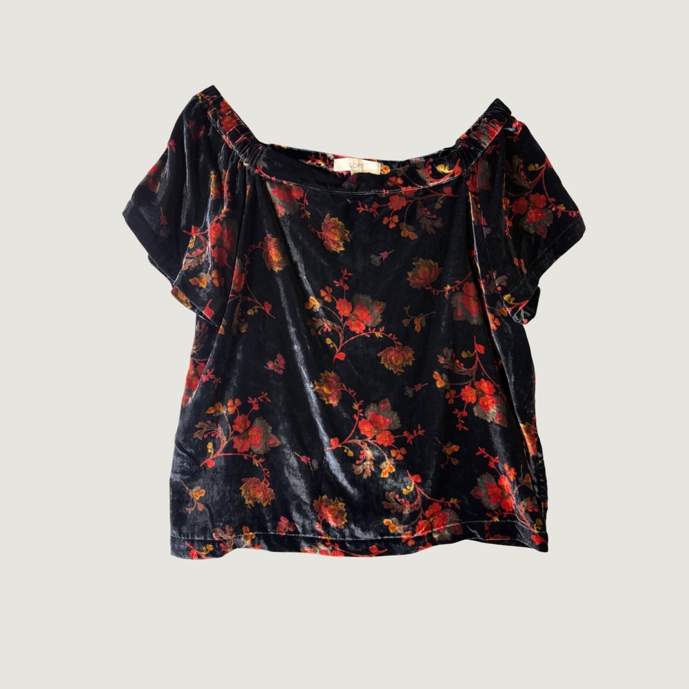 Loft Womens Black Floral Velvet Off Shoulder Blouse Short Sleeve Red Orange M
